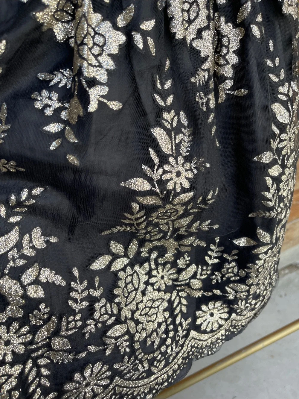 Rare Editions Girls Size 7 Black Velvet Gold Floral Tulle Holiday Party Dress